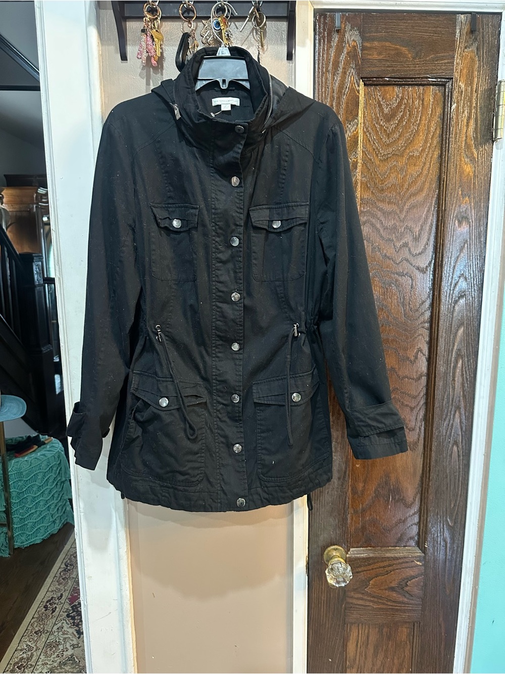 New York & Company Black Military Style Utility Jacket with Hood and Cinch Waist